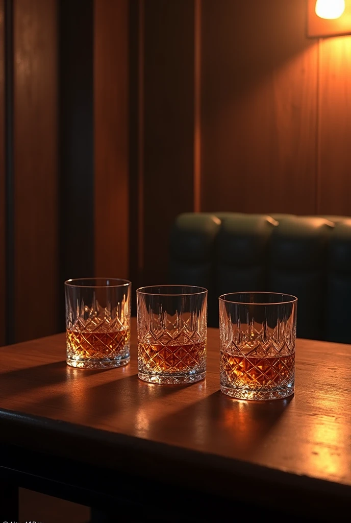 Make a realistic ambience of a bar where infront a table and there is three whiskey glass