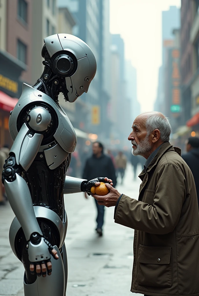 AI robot is giving alms to a human beggar.