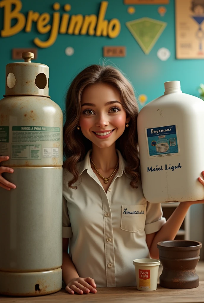 a P13 gas cylinder next to a gallon of clear water sold in Brazil ,both smiling with a banner saying “Brejinho RN” is a white woman with slightly curly hair,long and brown with a blouse that says “ana beatriz” and the mouse light