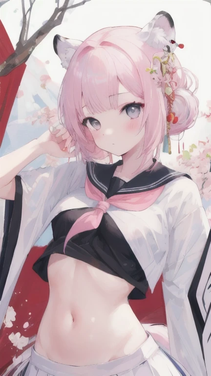 (best quality, masterpiece), 1 girl, centaur, I beg, White skin, Japanese schoolgirl, black pink, exposing the abdomen, belly button t-shirt , beautiful girl perfect, White tiger photo, 완벽한 White tiger photo