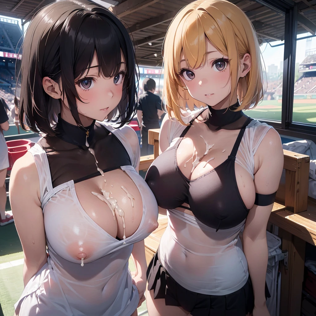 2lady(different hair style), 2lady(look of contempt), ((ultra-quality)), (Bukkake:1.5), (side view), (profile), (from side), (side colossal tit:1.6), (in 8K), (arms behind back:1.5), (arms are down), ultra highres, Hyper Detailed, High contrast, Ultrafine Strike, creative refinement, absurdres, Realistic, extremely detailed CG unified 8k wallpaper, Highly detailed, High-definition raw color photos, professional photography, Realistic portrait, Cinematic Light, Beautiful detailed, 28 years old woman, (realistic skin:1.3), (shiny skin), (Best Quality:1.4), Super Detail, High quality, master piece, lifelike, (After SEX), Bukkake, Perfect face, (cum on chest:1.5), (Bukkake:1.5), (covered by lot of cum:1.5), (Sharp Focus), (upper body), (bust up focus:1.3), (close up), Delicate Beautiful Hair and Eyes and Face, Delicate eyes, radiant eyes, Lifelike, Hyper-detailing, (new generation fasshion:1.3), (off shoulder), (sleeveless), (covered breasts), (Sheer large areola:1.3), (colossal breasts:1.6), (big breasts:1.5), (Beautiful breasts:1.5), (smooth stomach), (Sheer nipples:1.3), (erected large areola:1.1), (arms behind back:1.3), Beautiful cute woman, camel-toe details, (NSFW), wet clothes, pale black eyes, (bob cut), (medium hair), (parted bangs), (baseball stadium), (unpopular)