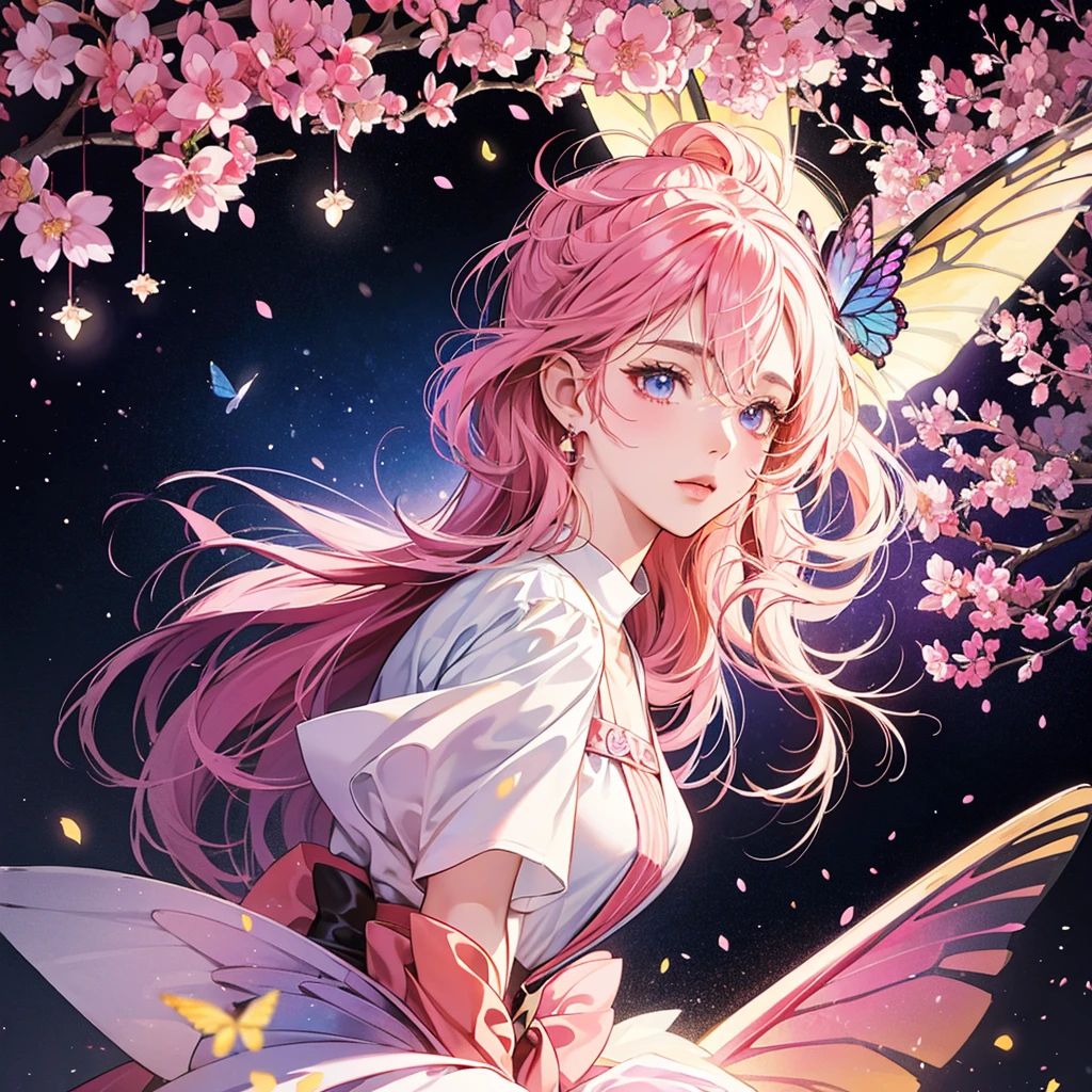 a symmetrical illustration of a silhouette standing under a cherry blossom tree with large pink butterfly wings in the style of anime tarot card art in the style of colorful, colorful sparkles flying everywhere, a magical, dreamy glow effect, glowing lights, vibrant colors of pink, black, yellow, white, purple, red, orange, and blue. --ar 3:4 --niji 6