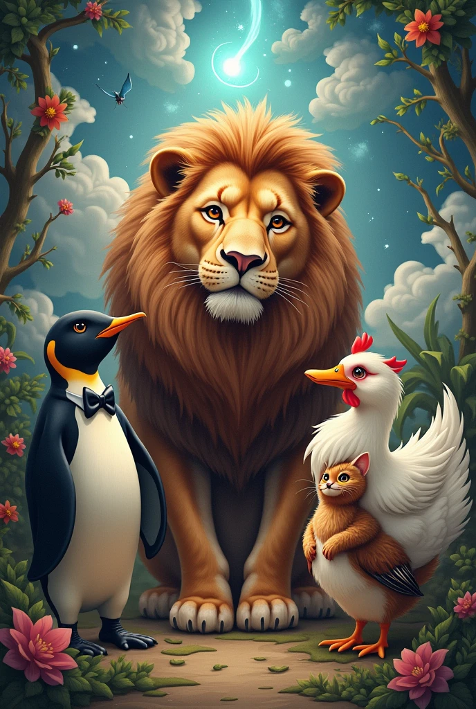 5 Animals lion, penguin, catboy, chicken and a duck