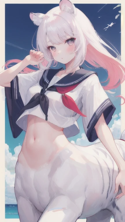 (best quality, masterpiece), 1 girl, centaur, I beg, White skin, Japanese schoolgirl, black pink, exposing the abdomen, belly button t-shirt , beautiful girl perfect, White tiger photo, 완벽한 White tiger photo
