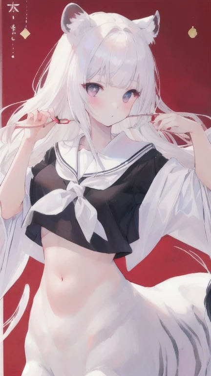 (best quality, masterpiece), 1 girl, centaur, I beg, White skin, Japanese schoolgirl, black pink, exposing the abdomen, belly button t-shirt , beautiful girl perfect, White tiger photo, 완벽한 White tiger photo