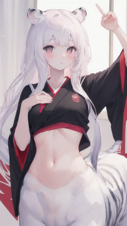 (best quality, masterpiece), 1 girl, centaur, I beg, White skin, Japanese schoolgirl, black pink, exposing the abdomen, belly button t-shirt , beautiful girl perfect, White tiger photo, 완벽한 White tiger photo