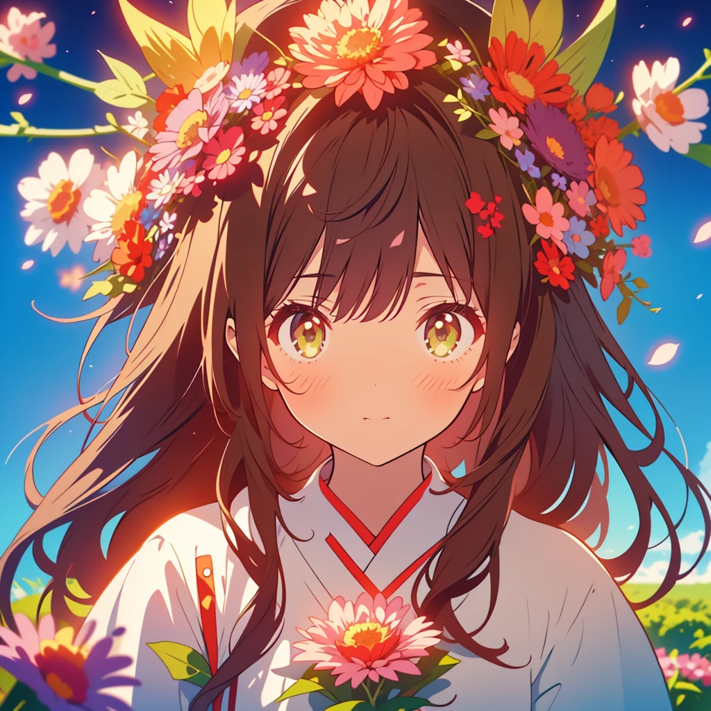 kawaii, anime, Cute, hyper quality, highly detailed, 8k, Clarity, Draw facial expressions in detail, Girl with long dark brown hair and green eyes, red aster flower, red and white aster flowers, 