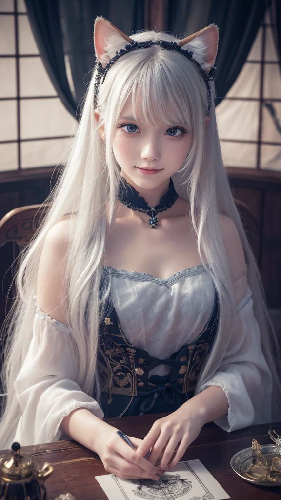 
(masterpiece, highest quality, highest quality, official art, beautiful and aesthetic: 1.2), (one girl: 1.3), wavy long hair, white hair, Cat ears on the head,highly detailed portrait, highly detailed hands, looking at the viewer, alone, (whole body: 0.6), detailed background, close, shining eyes, (cold arctic winter theme: 1.1), fortune teller, Charlatan, grin, Mysterious, sitting at the table, カラフルな肩のないゆるいジプシーfortune tellerの服, holy grail, tarot cards, Crystal jade, Medieval (inner tent: 1.1) background, tent curtain on background, dark Mysterious lighting, Shadow, magical atmosphere, starry night, dutch angle, healing and guidance, transcendental beauty, fractal art, Seaweed,