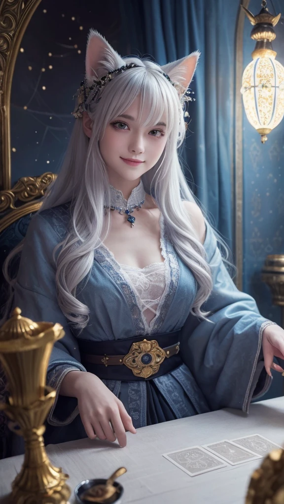 (masterpiece, highest quality, highest quality, official art, beautiful and aesthetic: 1.2), (one girl: 1.3), wavy long hair, white hair, Cat ears on the head,highly detailed portrait, highly detailed hands, looking at the viewer, alone, (whole body: 0.6), detailed background, close, shining eyes, (cold arctic winter theme: 1.1), fortune teller, Charlatan, grin, Mysterious, sitting at the table, カラフルな肩のないゆるいジプシーfortune tellerの服, holy grail, tarot cards, Crystal jade, Medieval (inner tent: 1.1) background, tent curtain on background, dark Mysterious lighting, Shadow, magical atmosphere, starry night, dutch angle, healing and guidance, transcendental beauty, fractal art, Seaweed,