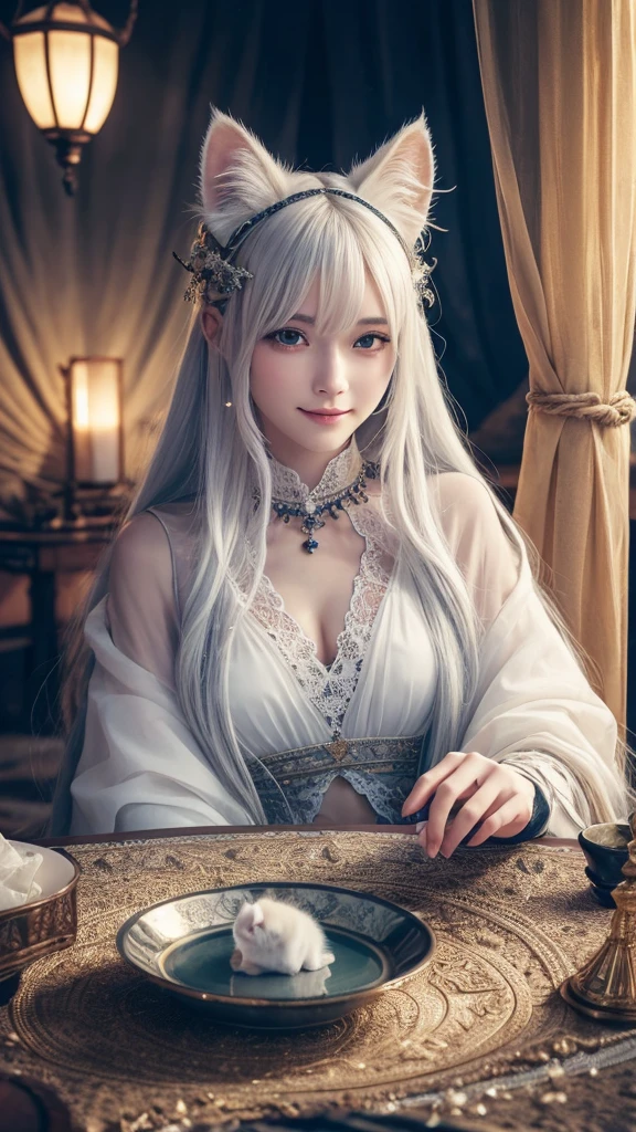 
(masterpiece, highest quality, highest quality, official art, beautiful and aesthetic: 1.2), (one girl: 1.3), wavy long hair, white hair, Cat ears on the head,highly detailed portrait, highly detailed hands, looking at the viewer, alone, (whole body: 0.6), detailed background, close, shining eyes, (cold arctic winter theme: 1.1), fortune teller, Charlatan, grin, Mysterious, sitting at the table, カラフルな肩のないゆるいジプシーfortune tellerの服, holy grail, tarot cards, Crystal jade, Medieval (inner tent: 1.1) background, tent curtain on background, dark Mysterious lighting, Shadow, magical atmosphere, starry night, dutch angle, healing and guidance, transcendental beauty, fractal art, Seaweed,