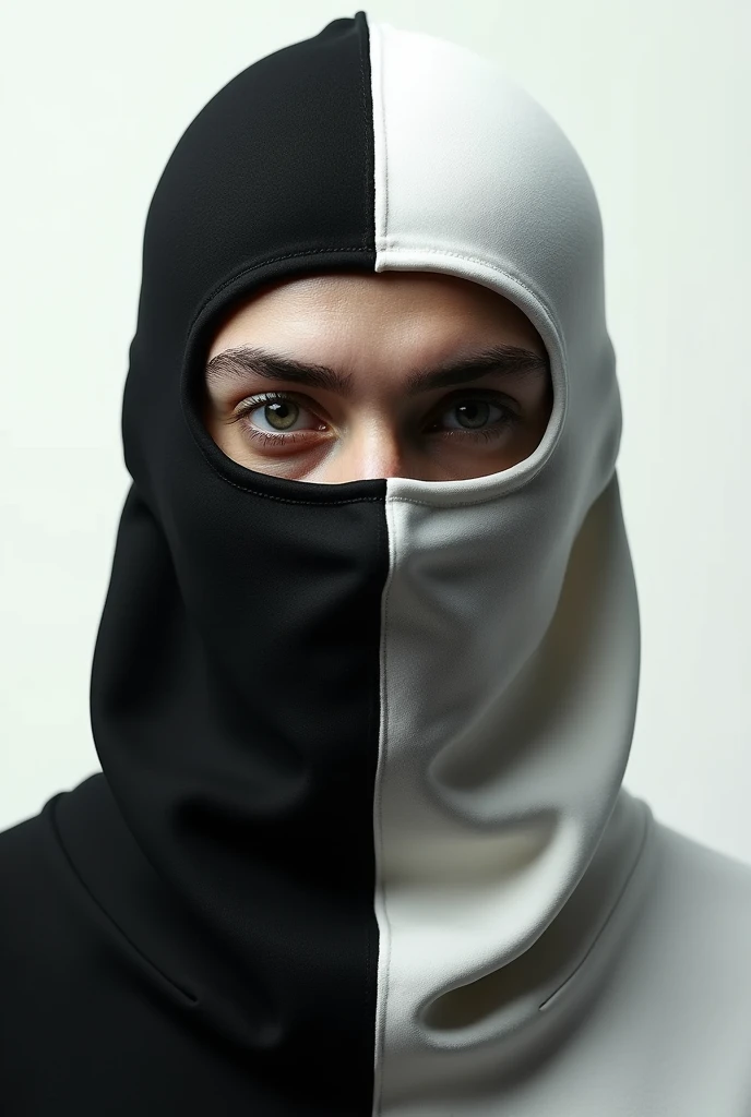 Create a song cover that ONLY shows a balaclava, where you can only see the eyes. The balaclava should be white on the left side and black on the right side.