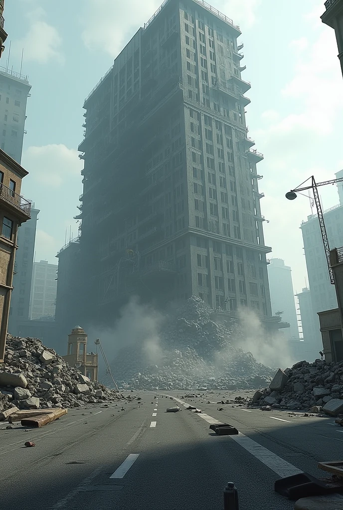 A Tall Building Collapsed, And The Rubble Of The Building Fell To The Asphalt