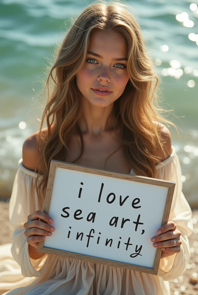 Beautiful girl with wavy long hair, bohemian dress, holding a white board with text "I Love Seaart Infinity" and showing it to the viewer