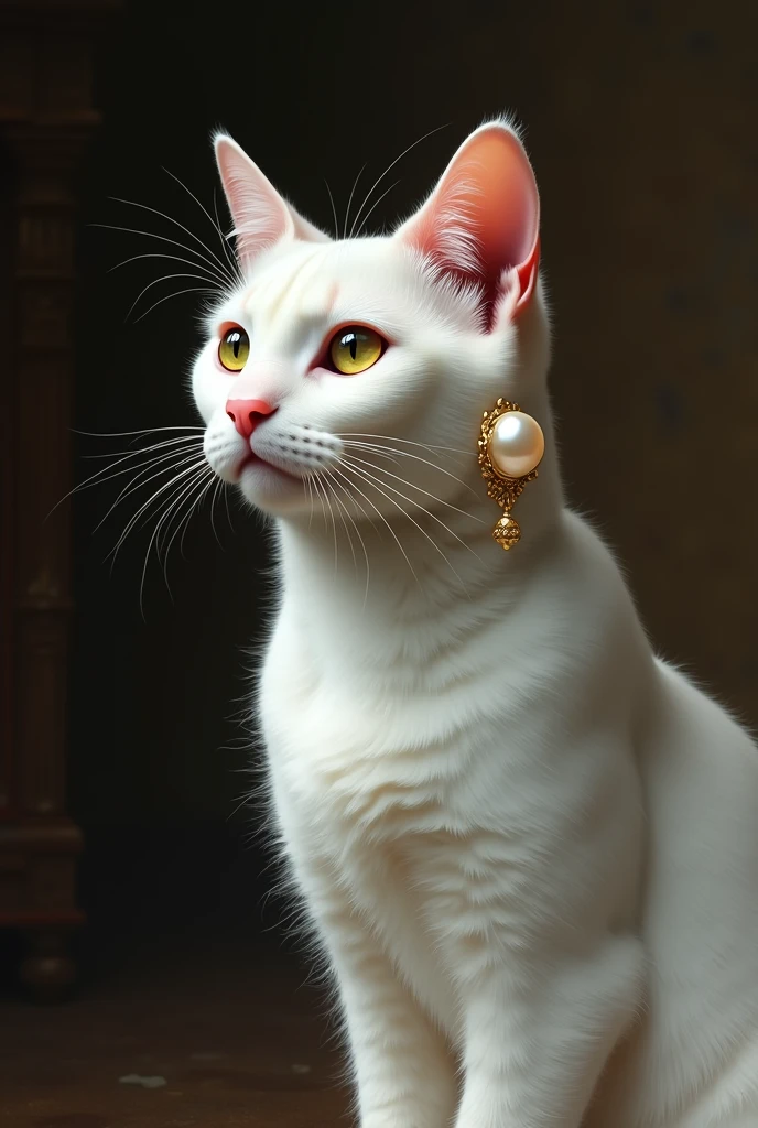 Girl with a pearl earring baroque art but the girl is a white cat