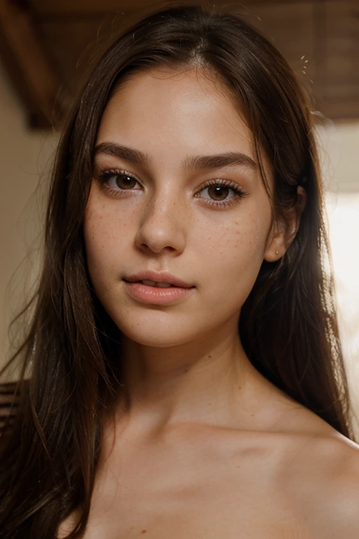 a hyper-realistic portrait of a 25-year-old young woman with fair skin, brown eyes, long straight brown hair, thin and delicate facial features, smooth and glossy hair, soft lighting, high detail, natural skin texture, subtle freckles, cinematic lighting, ultra-realistic rendering, fine facial features, fine nose, with skin detail and very realistic human feature, cute and attractive ,thin chin ,trumpet nose