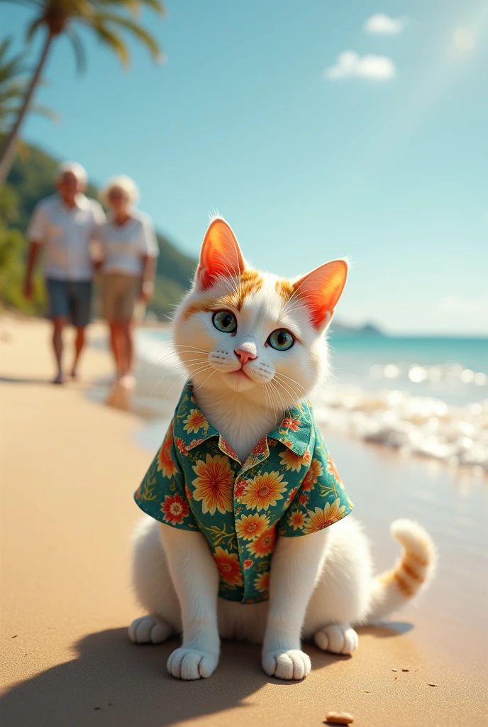 White cat with yellow and orange with white wearing a guayabera on a beach with an old couple