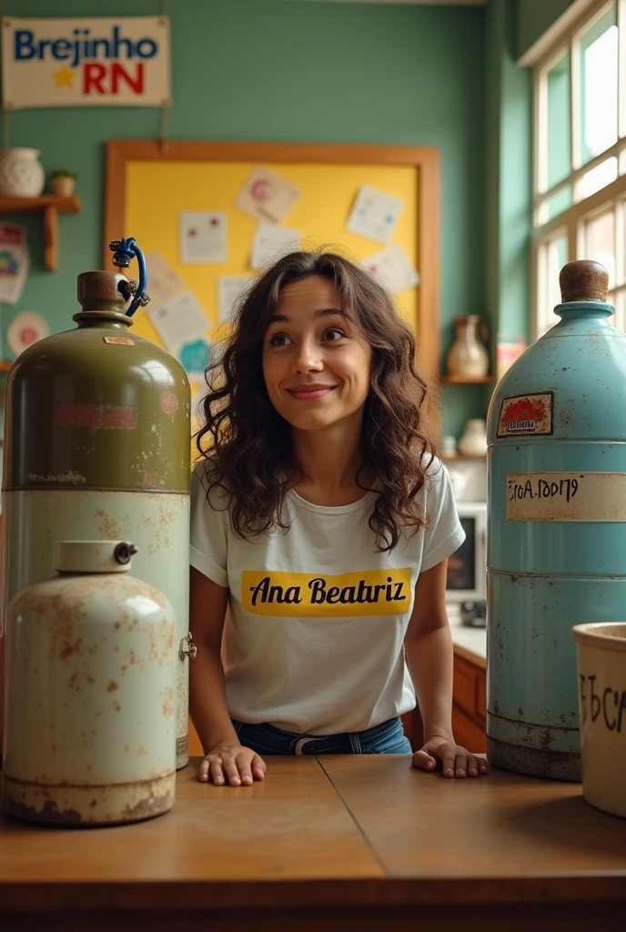 a P13 gas cylinder next to a gallon of clear water sold in Brazil ,both smiling with a banner saying “Brejinho RN” is a white woman with slightly curly hair,long and brown with a blouse that says “ana beatriz” and the mouse light