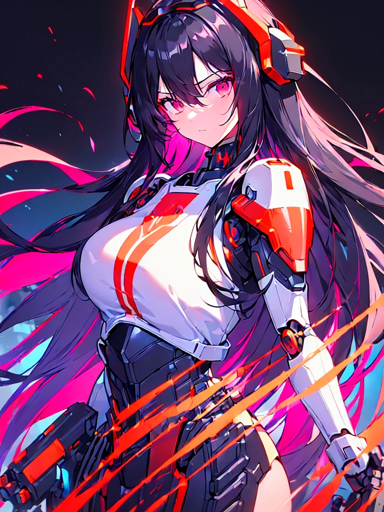 [(BLACK BACKGROUND:1.5)], (((masterpiece))), (upper body), 1girl, (cyborg girl), solo, Black hair, long hair, red inner hair, Purple eyes, science fiction, (enemy type mecha musume:1.4), mechanical parts, headgear, mechanical wings and tails, (mechanical Black HeavyArmor), ((neon light red)), Anime style,