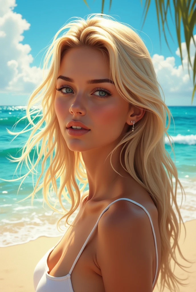 ((best qualityer)), ((work of art)), (detailded), 1 Brazilian woman, 24 years old, blonde with light eyes, at beach 