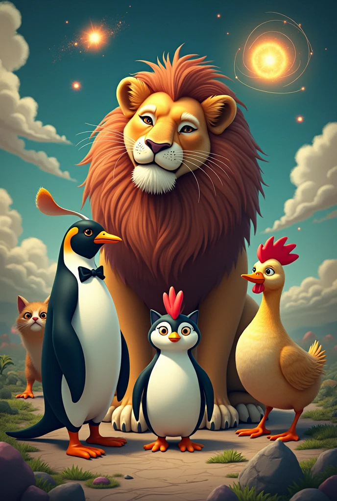 5 Animals lion, penguin, catboy, chicken and a duck