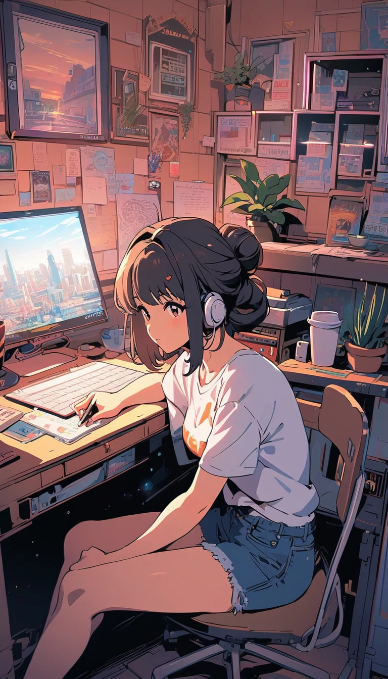 (extremely detailed CG unity 8k wallpaper), (best quality), (best illustration), (best shadow), realistic lighting, beautiful detailed reglow, masterpiece, best quality, lofi artstyle, lofi art, city, town, 80s anime style, Retro, Lo-Fi, 1girl, arm tattoo, black hair, brown hair, cactus, coffee mug, computer, cup, drawing tablet, from side, hair bun,  indoors, jewelry, laptop, mug, piercing, plant, potted plant, shirt, short sleeves, single hair bun, sitting, solo, stylus, sunlight, t-shirt, table, tattoo, white shirt, window, use headphone, headphone