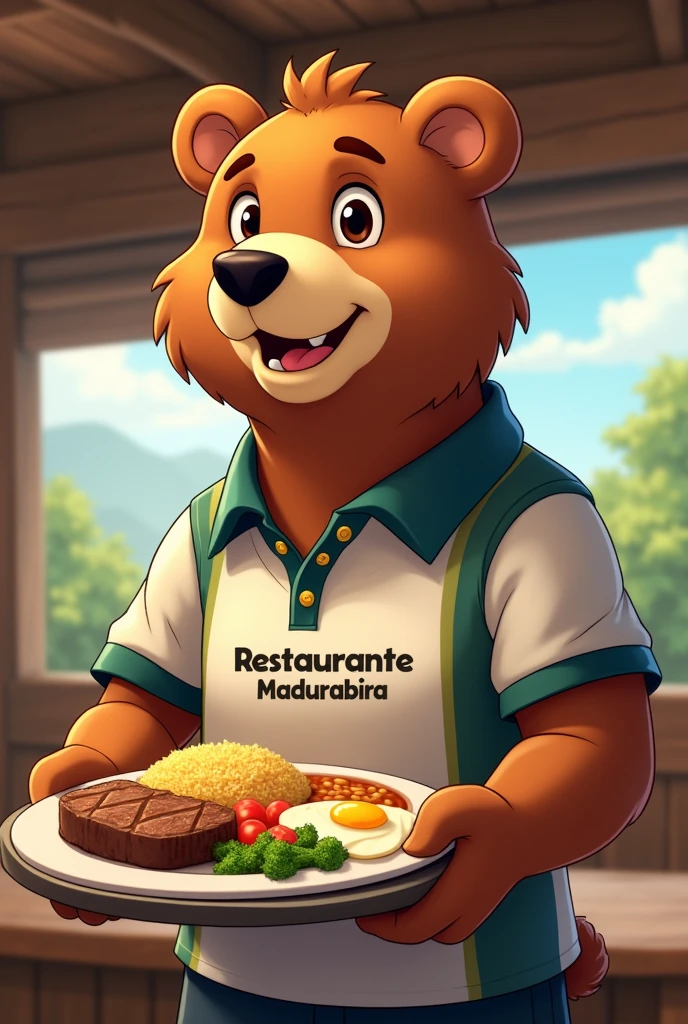 A young bear, forte fitness, With a smile on his face,wearing a polo shirt that says RESTAURANTE MADUREIRA. Body slightly bent forward, holding a tray, with a plate, containing rice, bean, crisp, beef steak, fried egg and salad. It's in a rustic, woodsy restaurant. アニメ