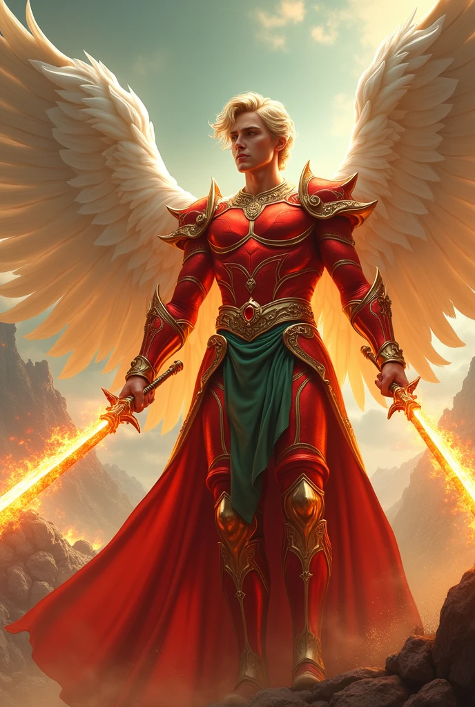 ANGELS WITH MALE HUMAN FACES, WITH SHINING ARMOR OF LIGHT, FLAMING SWORD OF FIRE, RUBY EMERALD RED ARMOUR,  green belt, LET&#39;S GO ROX, HUGE WINGS WHITE LIKE SNOW, FULFILLING A WINGING PEOPLE CAMP .