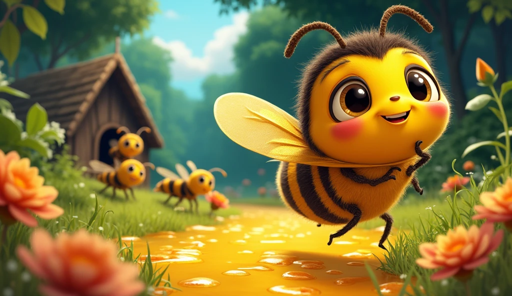Create a vibrant YouTube thumbnail for the story titled 'The Brave Little Bee and the Stolen Honey.' Feature Benny the Brave Little Bee, wearing his tiny golden cape, flying heroically in a colorful meadow. In the background, depict a trail of sticky honey drops leading into a dark forest where sneaky wasps are gathered around the stolen honey. Include the title 'The Brave Little Bee and the Stolen Honey' in bold, playful text at the top, with a dynamic, action-packed layout that grabs attention and excitement.