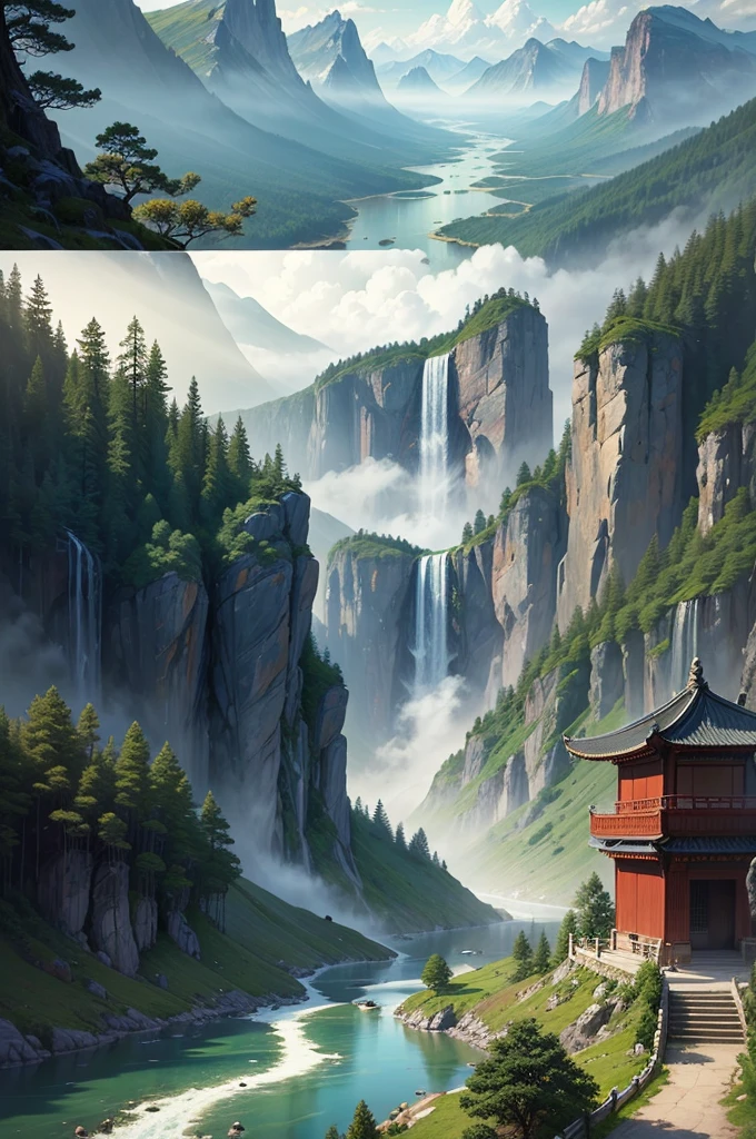 (masterpiece:0.8),best quality,
gongbiv,gongbi painting,scenery,no humans,mountain,waterfall,outdoors,tree,water,nature,fog,cliff,landscape,plant,sky,forest,day,river,signature,
Chinese style meticulous painting,