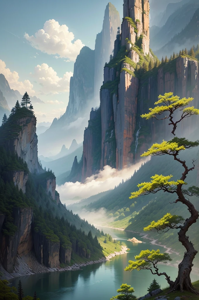 (masterpiece:0.8),best quality,
gongbiv,gongbi painting,scenery,no humans,mountain,waterfall,outdoors,tree,water,nature,fog,cliff,landscape,plant,sky,forest,day,river,signature,
Chinese style meticulous painting,