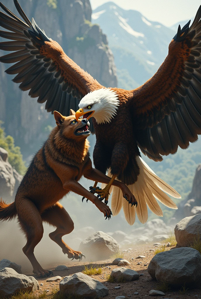 Make a picture of a dog fighting with eagle on the ground