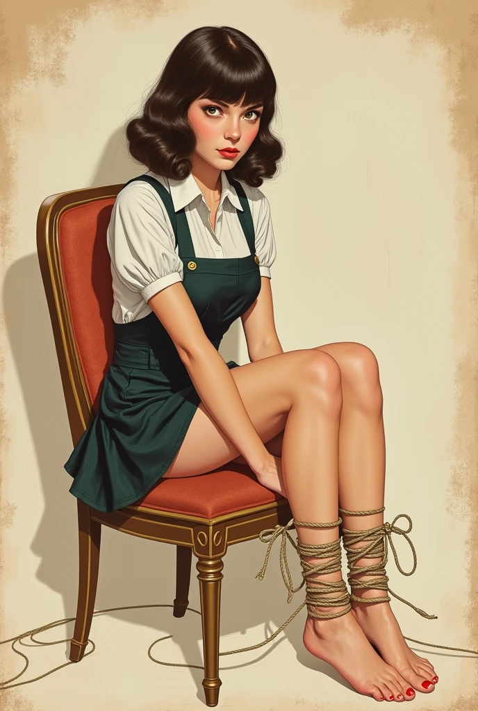 Create a retro vintage waitress with dark brown hair and bangs, with dark brown eyes, (((5 toes , red toes nails, restrained ankles with ropes ,tied ankles together with a rope around ankles, legs together,tied arms with ropes, restrained hands with ropes,Focus full body, Sit tied on a chair, with no shoes, perfect feet, in bondage))),old style drawing 50s retro vintage