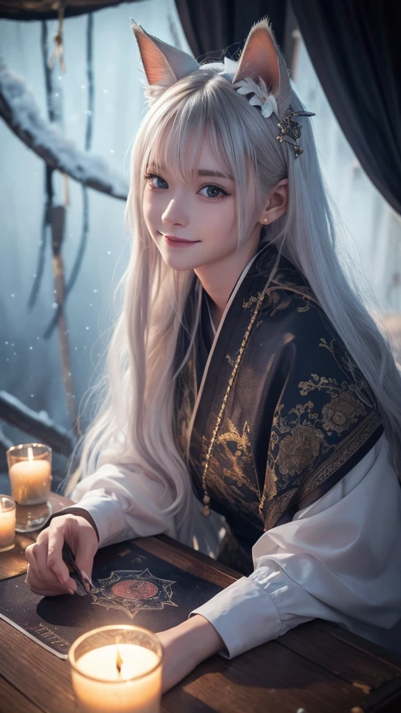 
(masterpiece, highest quality, highest quality, official art, beautiful and aesthetic: 1.2), (one girl: 1.3), wavy long hair, white hair, Cat ears on the head,highly detailed portrait, highly detailed hands, looking at the viewer, alone, (whole body: 0.6), detailed background, close, shining eyes, (cold arctic winter theme: 1.1), fortune teller, Charlatan, grin, Mysterious, sitting at the table, カラフルな肩のないゆるいジプシーfortune tellerの服, holy grail, tarot cards, Crystal jade, Medieval (inner tent: 1.1) background, tent curtain on background, dark Mysterious lighting, Shadow, magical atmosphere, starry night, dutch angle, healing and guidance, transcendental beauty, fractal art, Seaweed,
