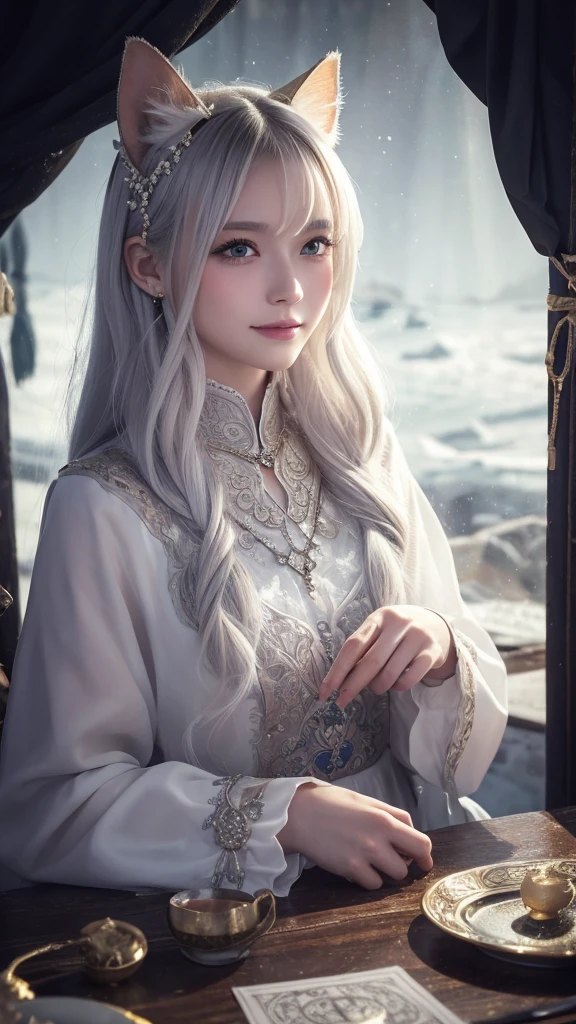 
(masterpiece, highest quality, highest quality, official art, beautiful and aesthetic: 1.2), (one girl: 1.3), wavy long hair, white hair, Cat ears on the head,highly detailed portrait, highly detailed hands, looking at the viewer, alone, (whole body: 0.6), detailed background, close, shining eyes, (cold arctic winter theme: 1.1), fortune teller, Charlatan, grin, Mysterious, sitting at the table, カラフルな肩のないゆるいジプシーfortune tellerの服, holy grail, tarot cards, Crystal jade, Medieval (inner tent: 1.1) background, tent curtain on background, dark Mysterious lighting, Shadow, magical atmosphere, starry night, dutch angle, healing and guidance, transcendental beauty, fractal art, Seaweed,