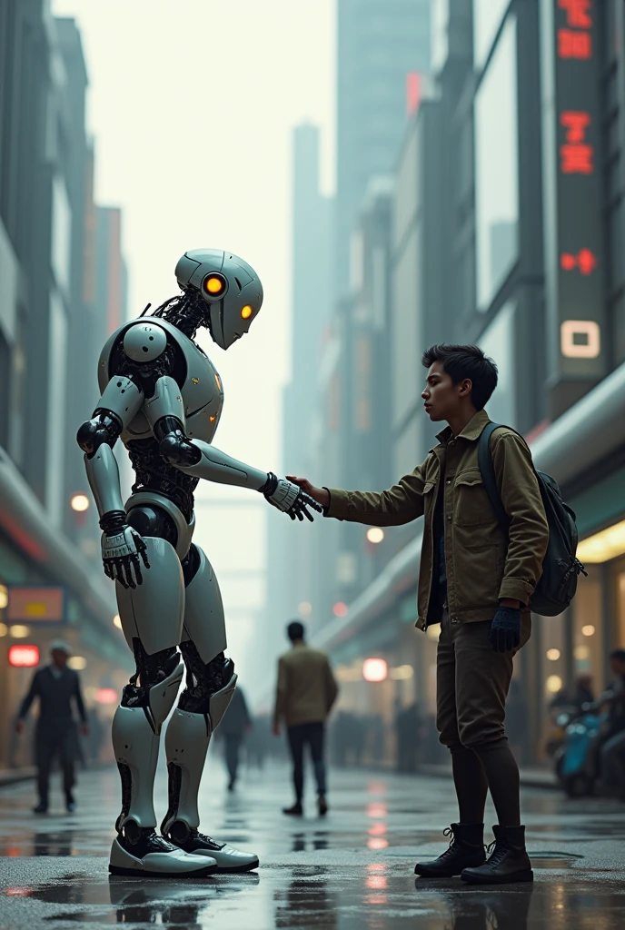 The AI robot is giving money to a human who is begging.