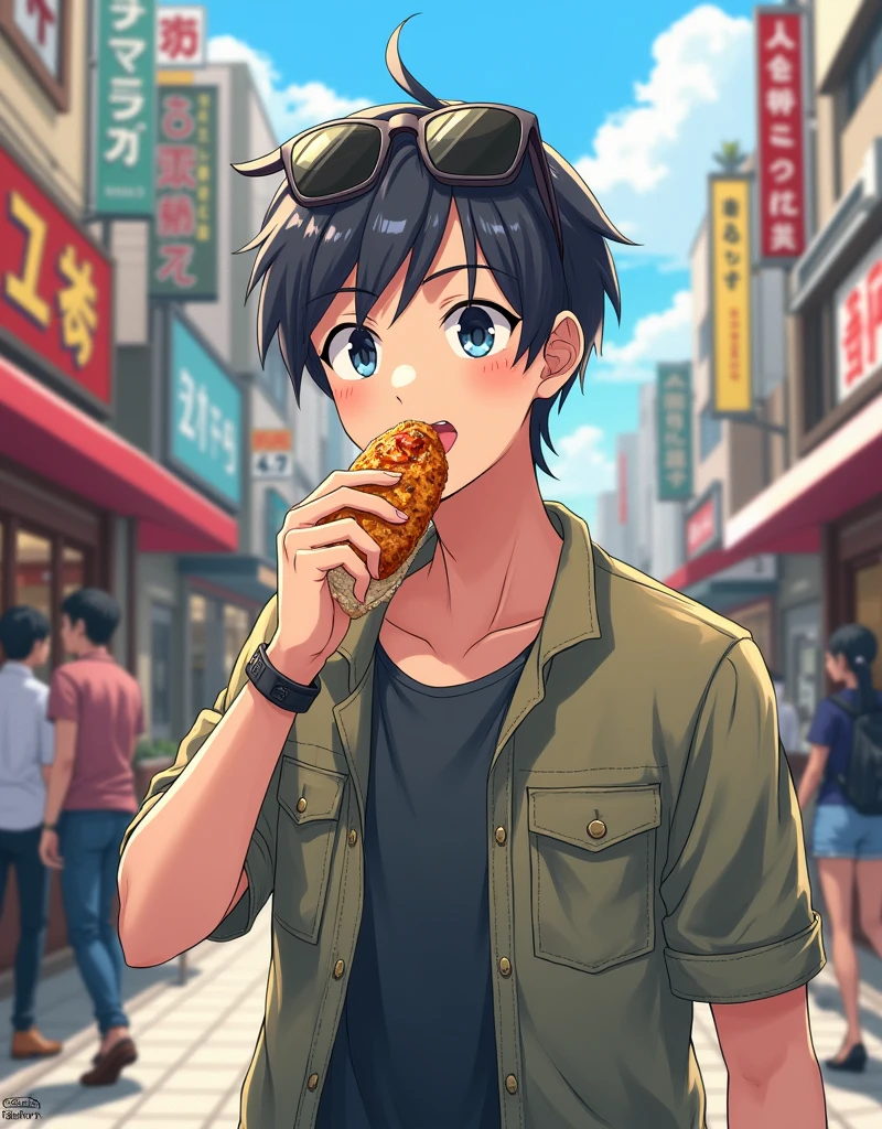 Cute anime guy wearing sunglasses eating takoyaki