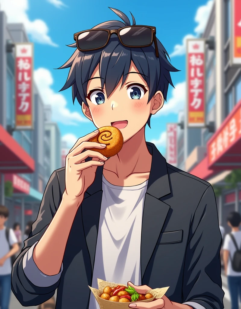 Cute anime guy wearing sunglasses eating takoyaki