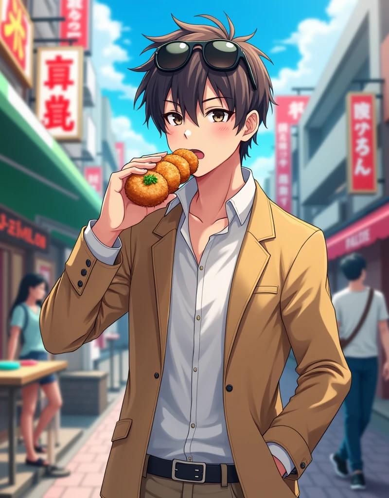 Cute anime guy wearing sunglasses eating takoyaki