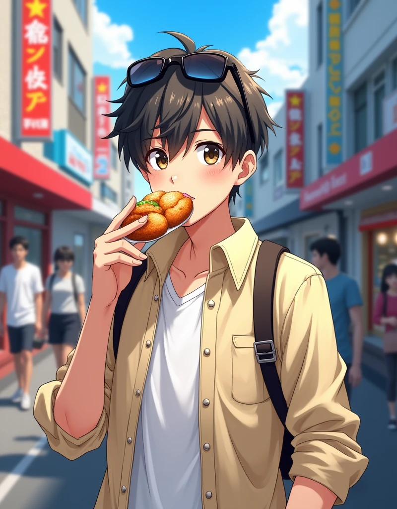 Cute anime guy wearing sunglasses eating takoyaki