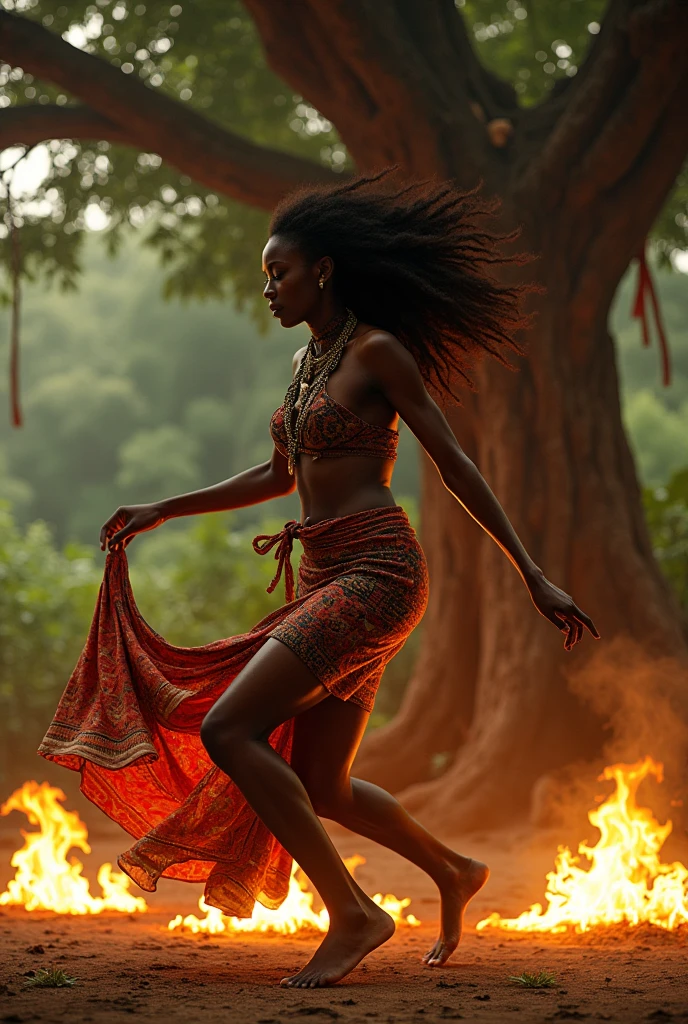 Woman dancing Afro Guinea dance to the fire and a sacred tree