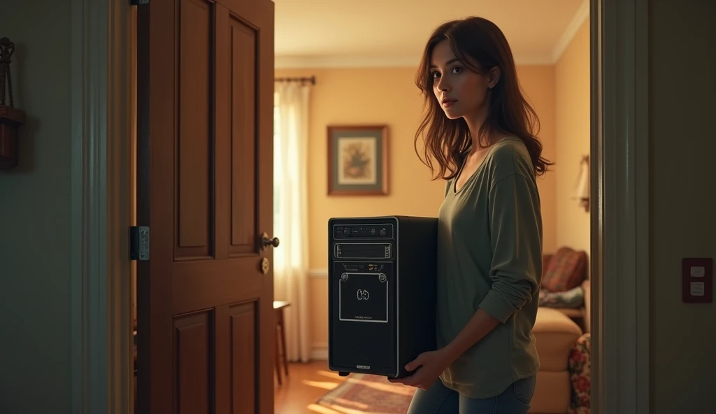 the girl opened the door of the apartment, 30 years, brunette, pretty, in hands is a computer system unit