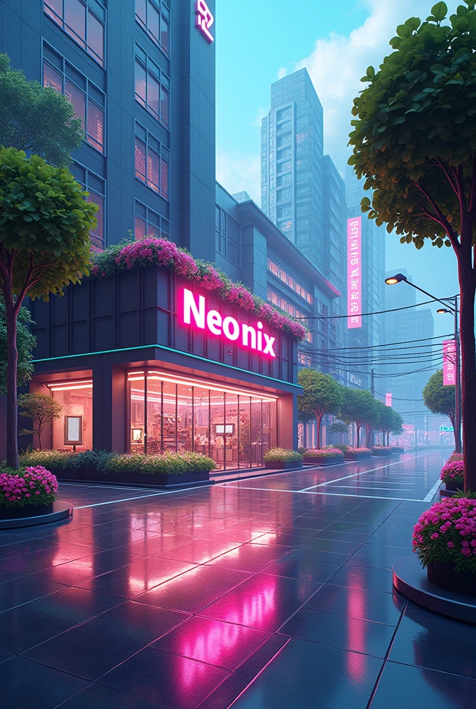 Make a aesthetic, futuristic and modern background for a shop. there will be a street, trees and flowers and in the middle a shop with name tag neonix. add some animation and like Japan