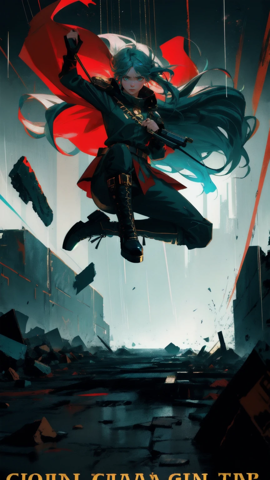 "A beautiful, cute anime girl with long green hair, wearing a torn red outfit, leaping dynamically through a chaotic, rainy scene. She's holding a golden coin in one hand, her expression determined and fierce. The background is a deep teal color, with rain streaking down and debris flying everywhere. Large cryptocurrency coins and shattered rock fragments litter the ground beneath her. Above, golden text reads 'No-Coin No-Gain' in a bold, 3D font. The art style is gritty and detailed, reminiscent of a comic book cover, with high contrast and dramatic lighting. Skull-like shapes can be seen in the background debris. The overall atmosphere is intense and apocalyptic, emphasizing the struggle and importance of coin possession.