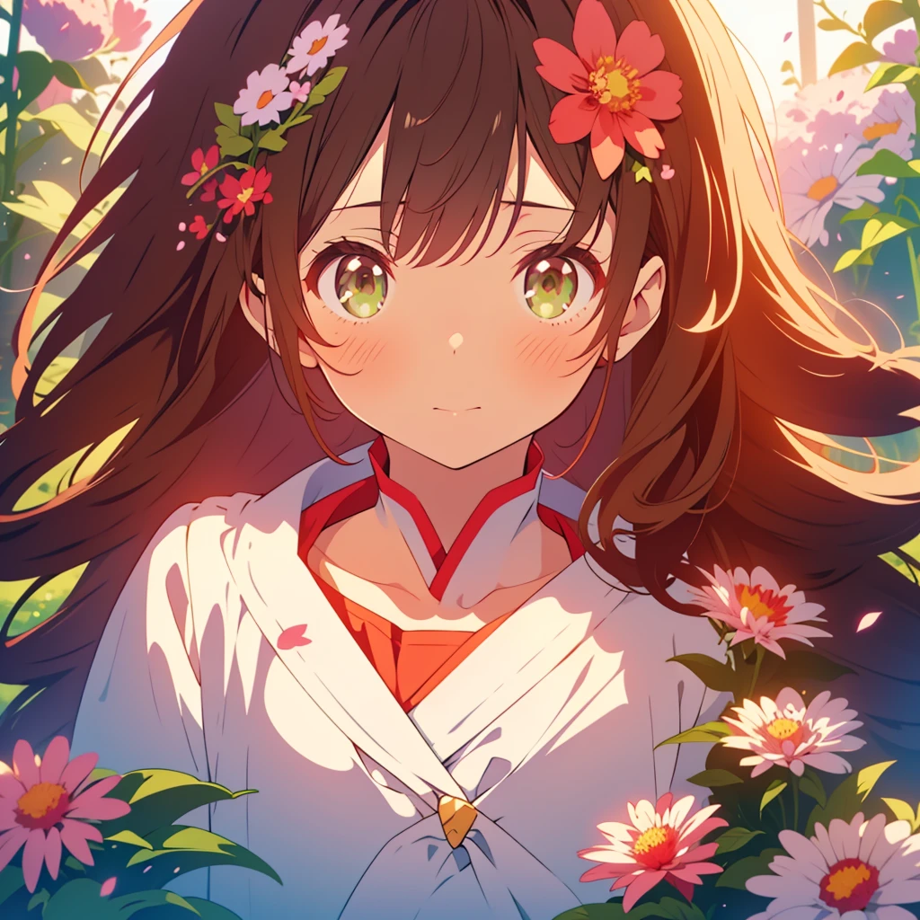 kawaii, anime, Cute, hyper quality, highly detailed, 8k, Clarity, Draw facial expressions in detail, Girl with long dark brown hair and green eyes, red aster flower, red and white aster flowers, 