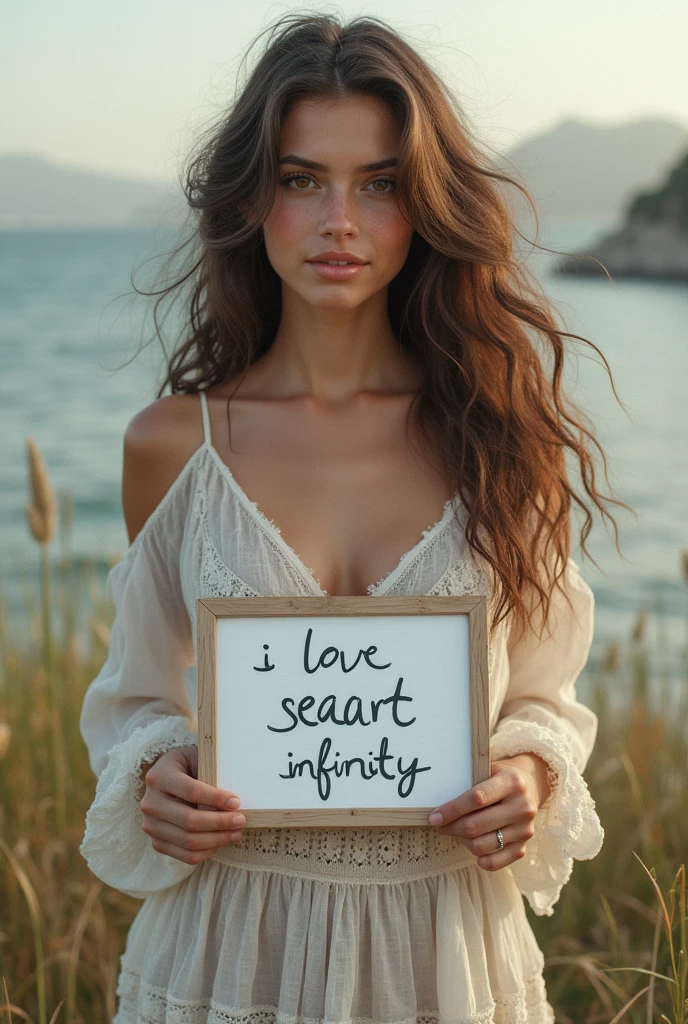 Beautiful girl with wavy long hair, bohemian dress, holding a white board with text "I Love Seaart Infinity" and showing it to the viewer