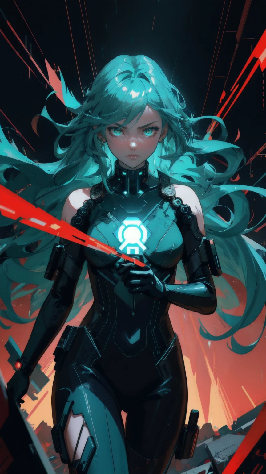 A fierce, beautiful anime girl with flowing emerald hair, clad in a tattered crimson bodysuit, bursts through a storm of digital chaos. She clutches a glowing cryptocurrency coin, her eyes blazing with determination. The scene is drenched in a surreal teal light, with rain slashing diagonally across the frame. Shattered screens and broken circuit boards swirl around her, creating a tempest of tech debris. Golden letters hover above: 'No-Coin No-Gain'. The style is a blend of cyberpunk and anime, with sharp contrasts and a gritty, textured feel. Ghostly skull motifs lurk in the background, hinting at the high stakes of this digital battleground.