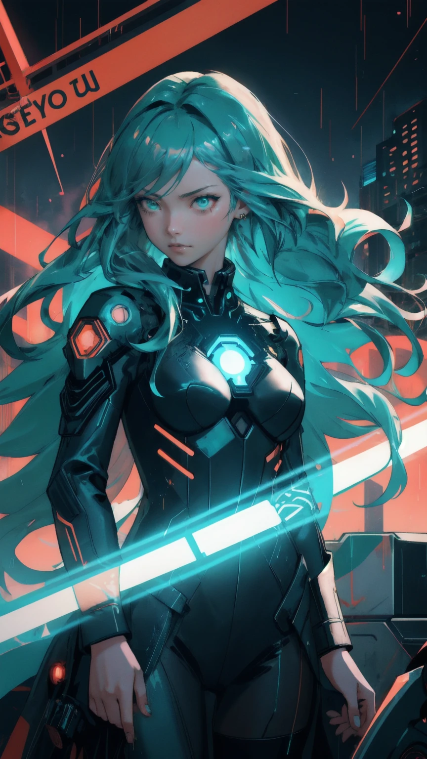 A fierce, beautiful anime girl with flowing emerald hair, clad in a tattered crimson bodysuit, bursts through a storm of digital chaos. She clutches a glowing cryptocurrency coin, her eyes blazing with determination. The scene is drenched in a surreal teal light, with rain slashing diagonally across the frame. Shattered screens and broken circuit boards swirl around her, creating a tempest of tech debris. Golden letters hover above: 'No-Coin No-Gain'. The style is a blend of cyberpunk and anime, with sharp contrasts and a gritty, textured feel. Ghostly skull motifs lurk in the background, hinting at the high stakes of this digital battleground.