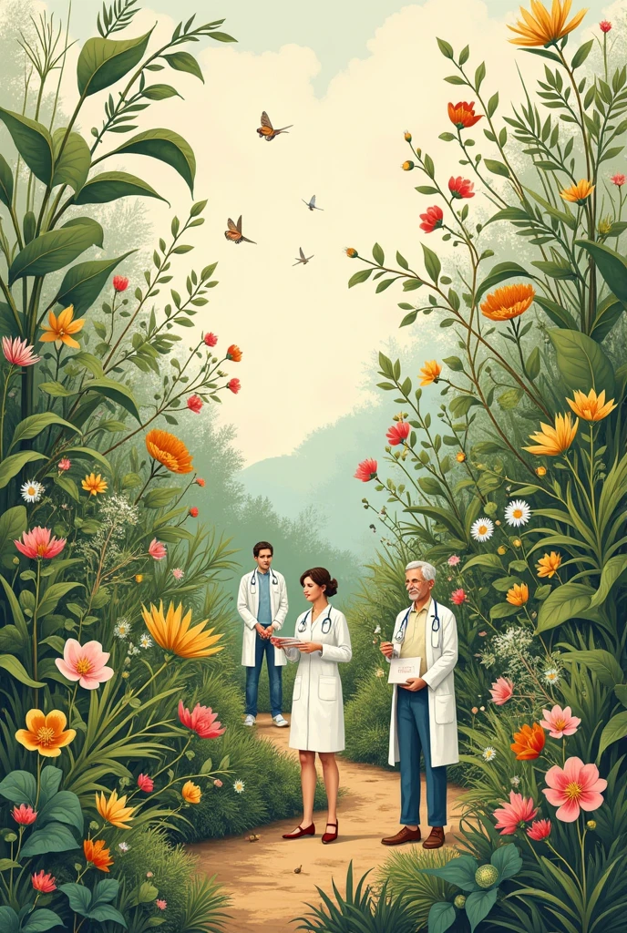 Create an image about a job, made on a 3 meter paper and about medicinal and phytotherapeutic plants, with edge,detaileds