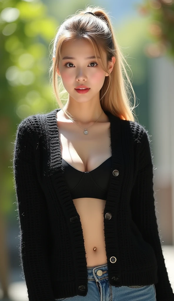 ((32k Super Ultra HDR: 1.5),(Canon EOS, SIGMA Art lens 85mm F1.5, ISO 200 shutter speed 2000, Vivid),(realistic:1.5), (super Highest Quality detail: 1.5) (blonde ponytail) , female height 175cm model full body) ),(D-CUP chest)), (Highest Quality, 32k, Masterpiece, Real Life, Realistic), Nice legs, Hot body, Hourglass body, (Beautiful and realistic), (Detail of hands and fingers: 1.3), (Big breasts: 1.3), (Full Body: 1.5), (Long Legs:1.5) , (Glitter Eyes: 1.3), (Glitter Lips: 1.3) , (Chime Tone: 1.3), (Super Detail: 1.5), A stunning 22-year-old Korean idol looks seductively at the camera, she is wearing ((Black Chic Irregular Knitted Cardigan)) , outdoor background, detailed background