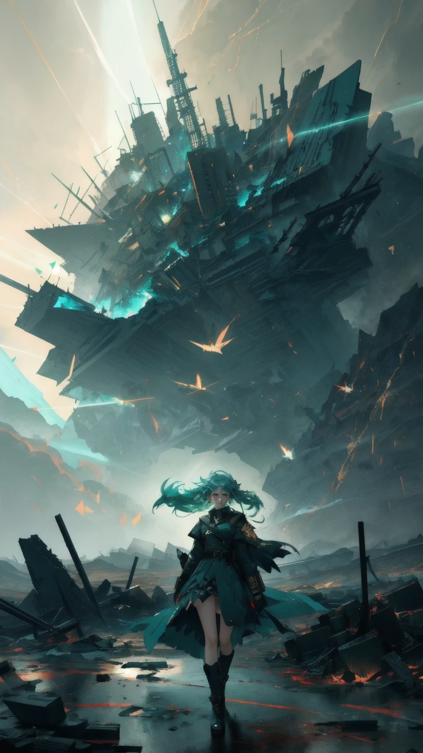 An enchanting yet tough anime heroine with long, windswept green hair leaps through a maelstrom of broken dreams and digital artifacts. Her red, battle-worn outfit flutters dramatically as she reaches for a shimmering gold coin. The backdrop is a moody teal, streaked with harsh rain and flying debris. Fractured cryptocurrency symbols and jagged stone shards create a treacherous landscape beneath her. 'No-Coin No-Gain' blazes in 3D golden text above the chaos. The art style is a fusion of manga intensity and dystopian realism, with exaggerated action and intricate details. Subtle skull shapes in the wreckage add an ominous undertone to this high-stakes digital arena.